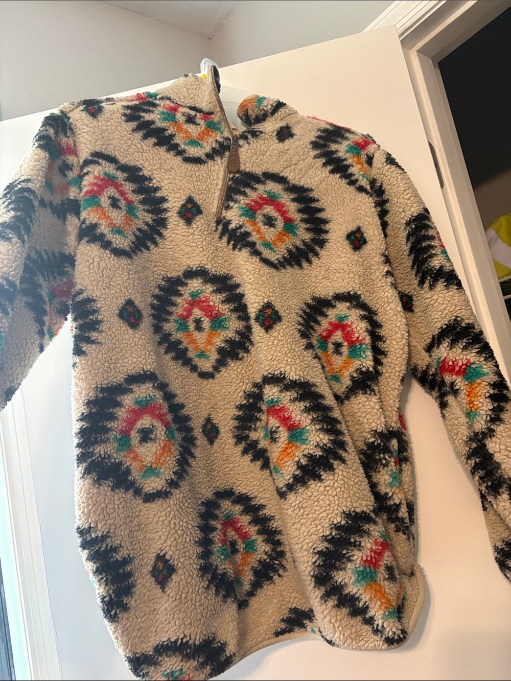 C.C Cream Sherpa Pullover with Black, Teal & Red Aztec Motif